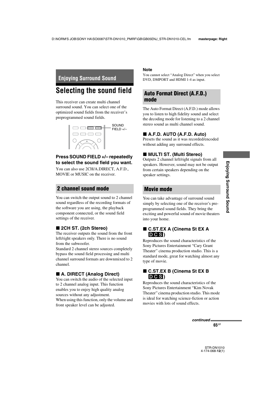 Enjoying surround sound, Selecting the sound field, Age 65 | Enjoying surround sound 2 channel sound mode, Auto format direct (a.f.d.) mode movie mode | Sony STR-DN1010 User Manual | Page 65 / 136