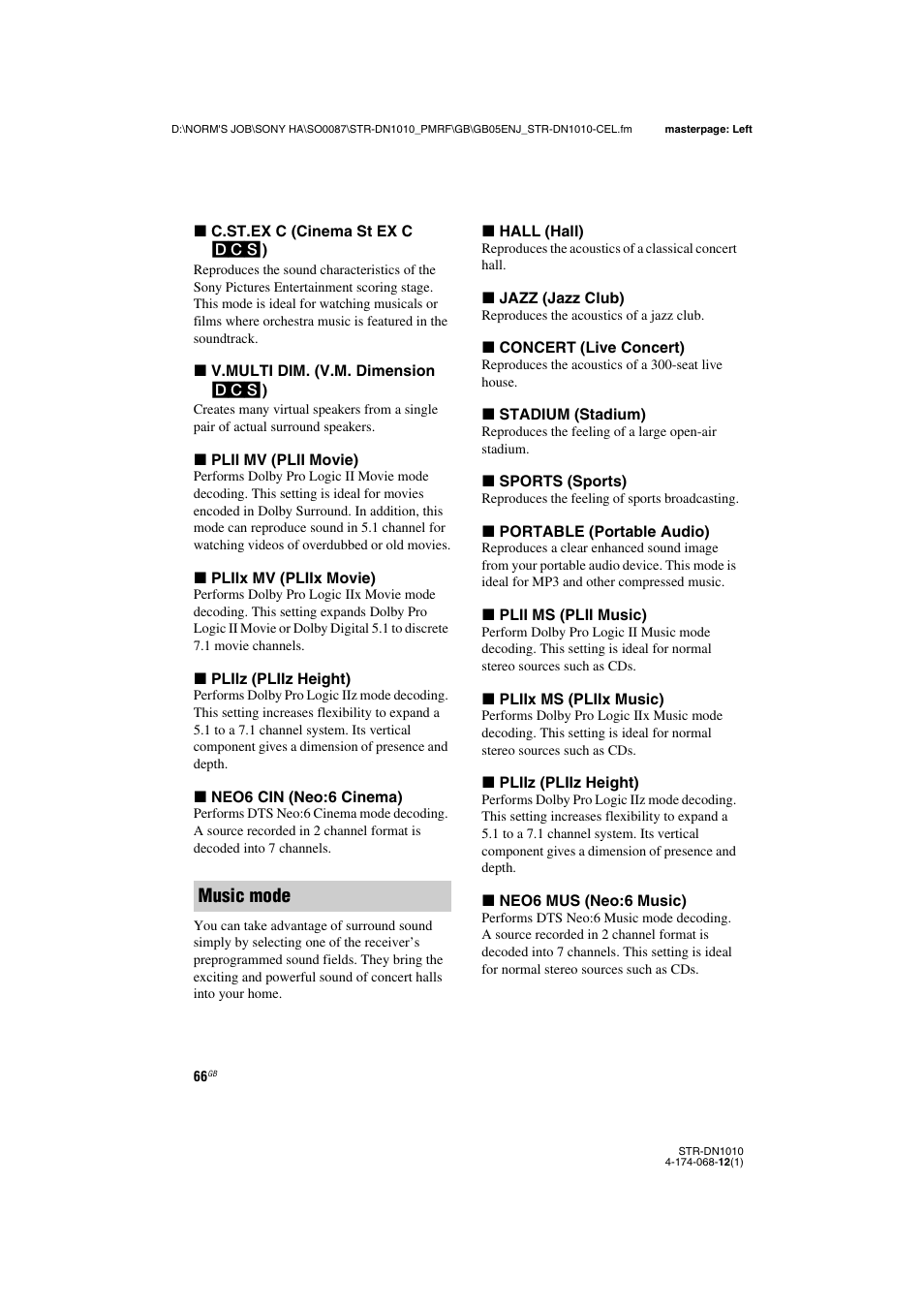 Music mode | Sony STR-DN1010 User Manual | Page 66 / 136
