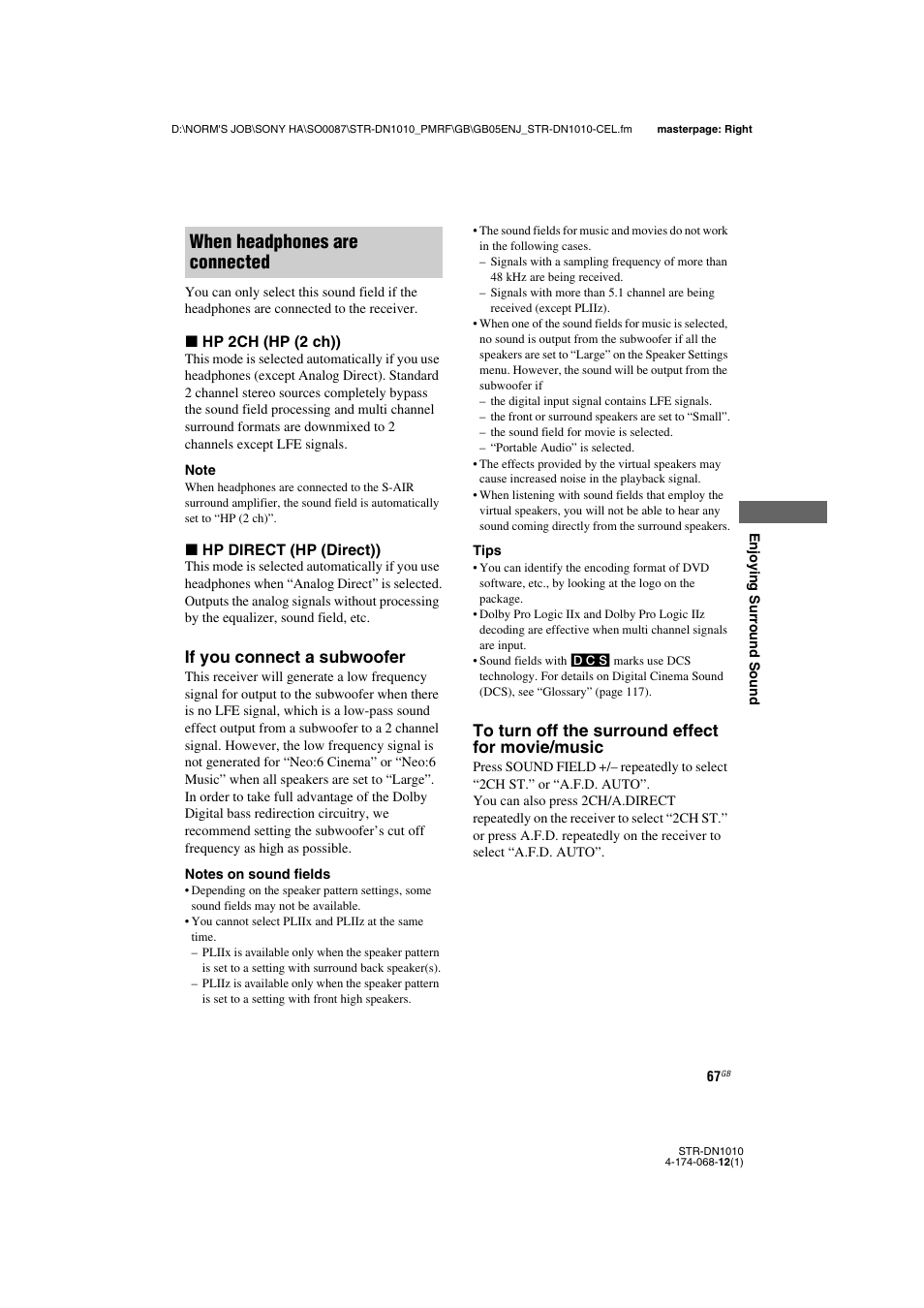 When headphones are connected, If you connect a subwoofer | Sony STR-DN1010 User Manual | Page 67 / 136