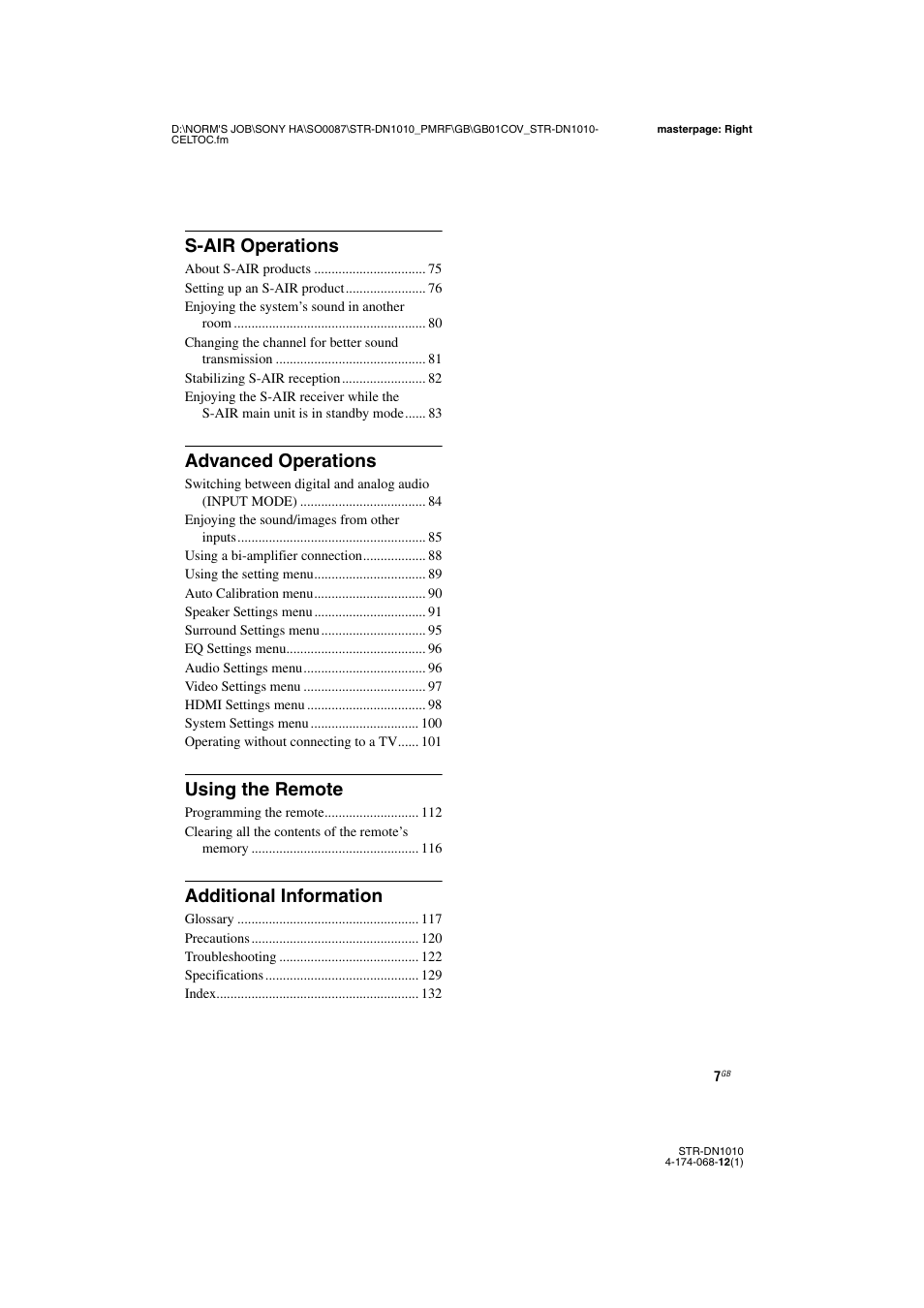 S-air operations, Advanced operations, Using the remote | Additional information | Sony STR-DN1010 User Manual | Page 7 / 136