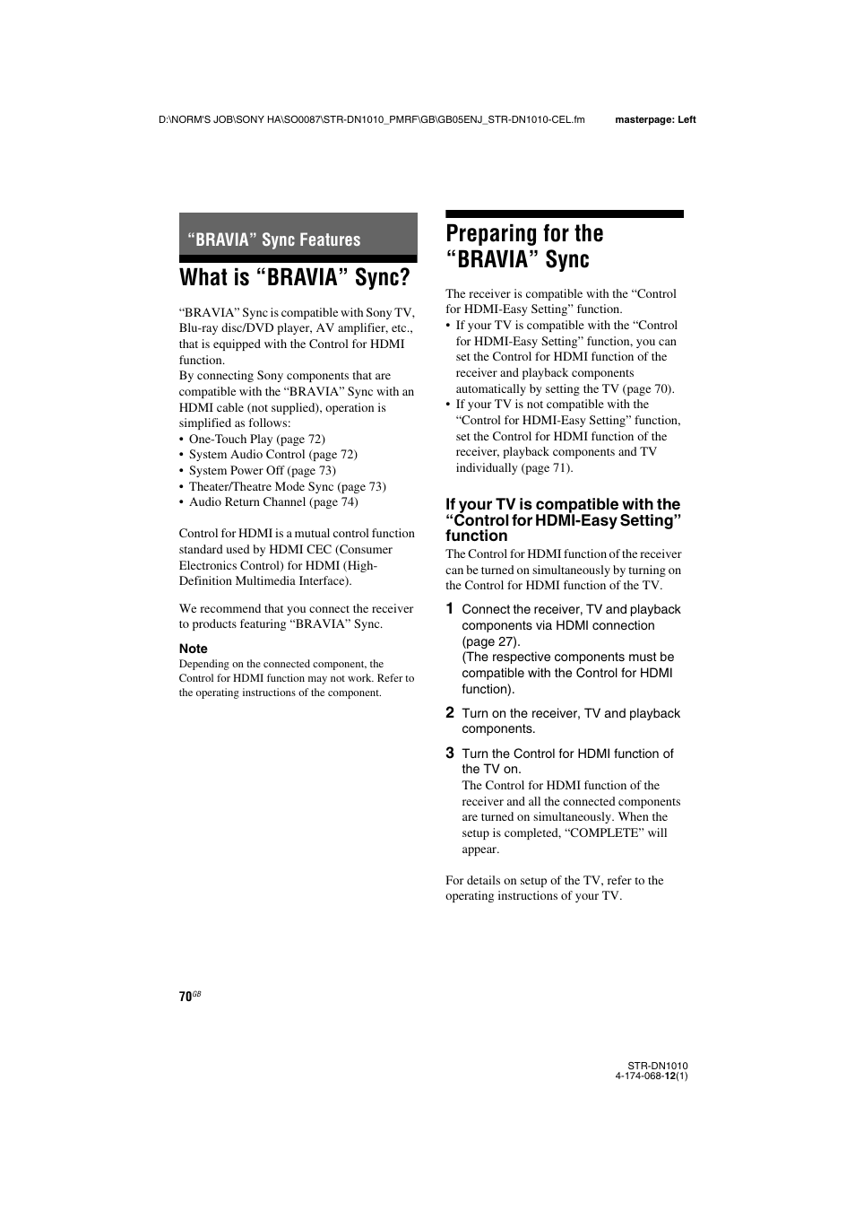 Bravia” sync features, What is “bravia” sync, Preparing for the “bravia” sync | Sony STR-DN1010 User Manual | Page 70 / 136