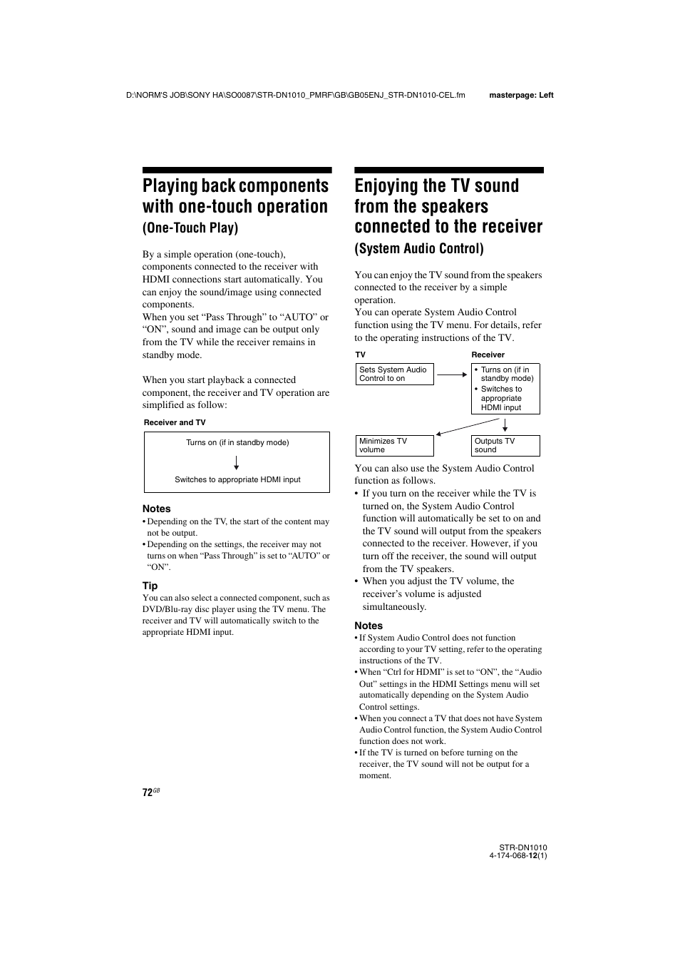 Playing back components with one-touch, Operation (one-touch play), Enjoying the tv sound from the speakers | Connected to the receiver, System audio control), Playing back components with one-touch operation, One-touch play) | Sony STR-DN1010 User Manual | Page 72 / 136