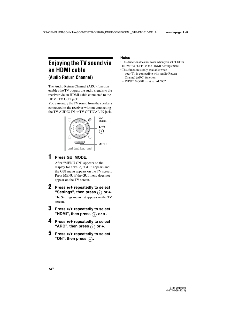 Enjoying the tv sound via an hdmi cable, Audio return channel) | Sony STR-DN1010 User Manual | Page 74 / 136