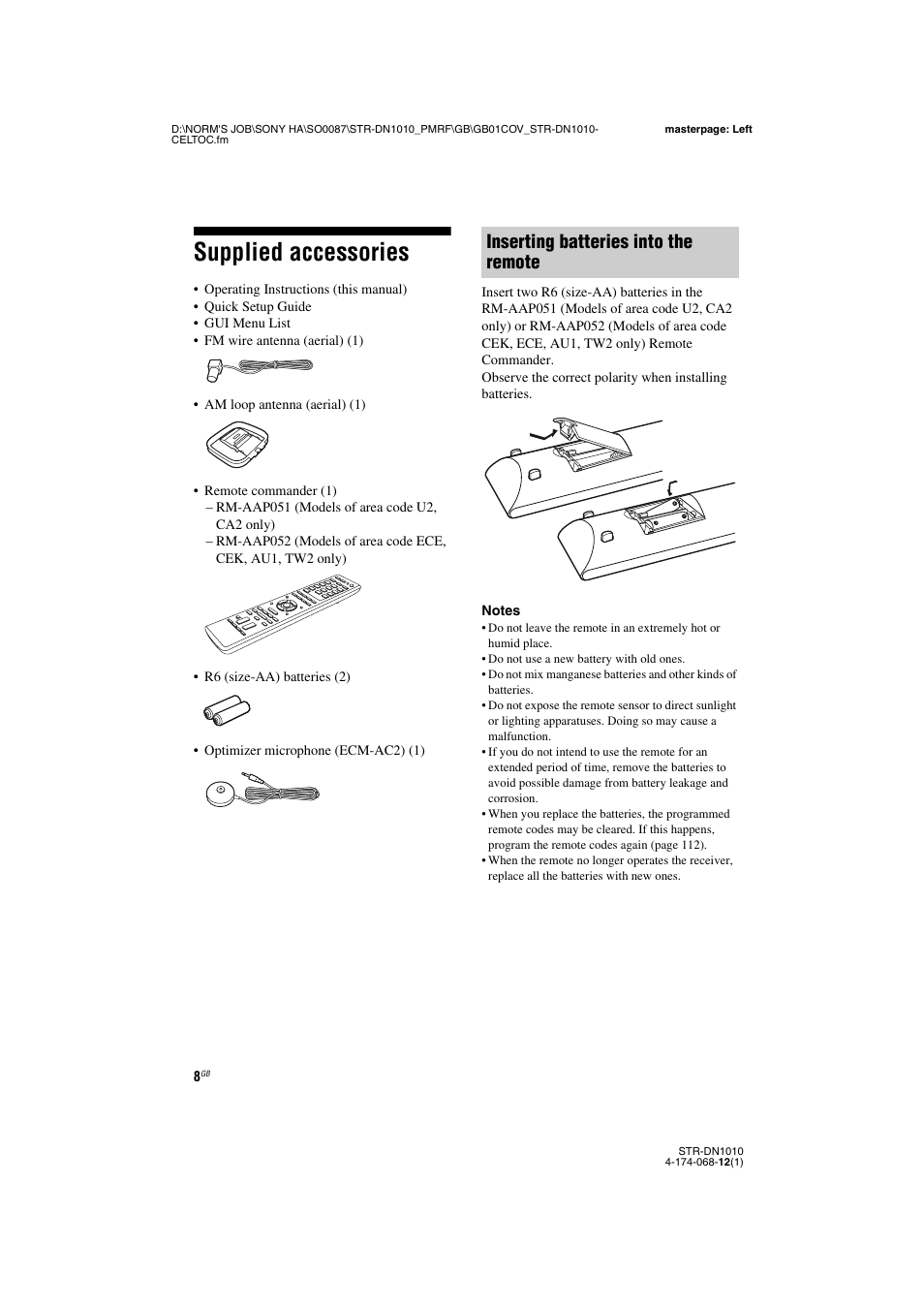 Supplied accessories, Inserting batteries into the remote | Sony STR-DN1010 User Manual | Page 8 / 136
