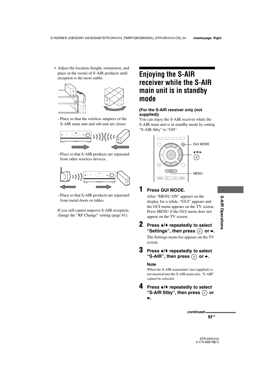 Enjoying the s-air receiver while the, S-air main unit is in standby mode | Sony STR-DN1010 User Manual | Page 83 / 136