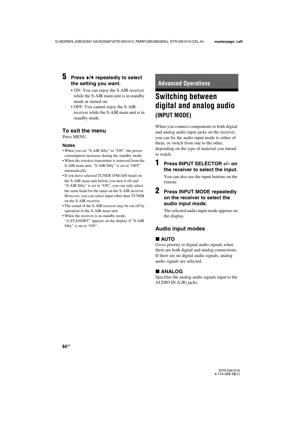 Advanced operations, Switching between digital and analog audio, Input mode) | Sony STR-DN1010 User Manual | Page 84 / 136