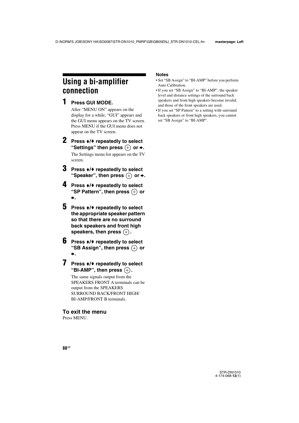 Using a bi-amplifier connection, Using a bi-amplifier connection 1 | Sony STR-DN1010 User Manual | Page 88 / 136