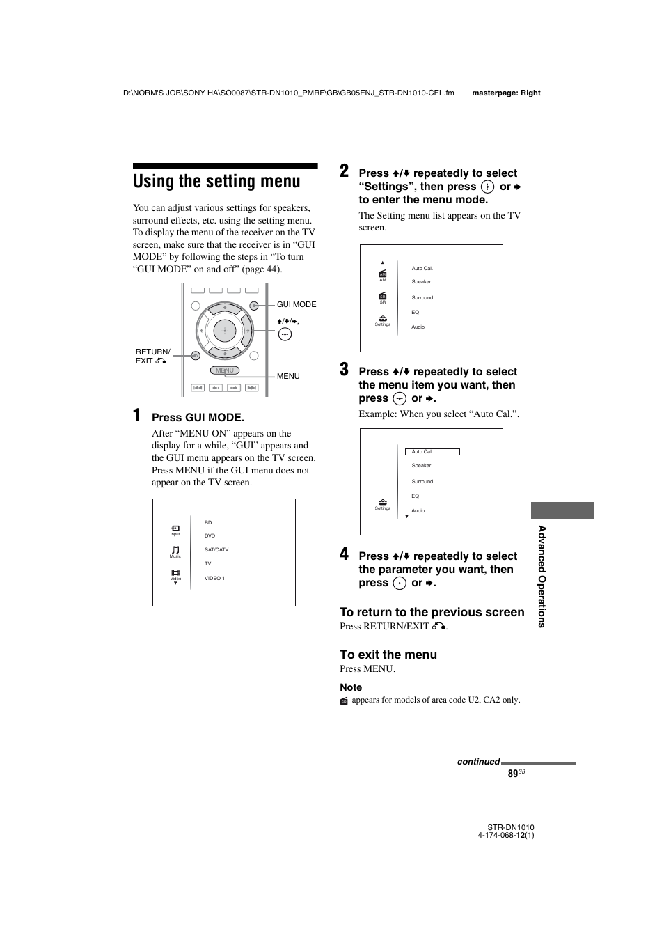 Using the setting menu | Sony STR-DN1010 User Manual | Page 89 / 136
