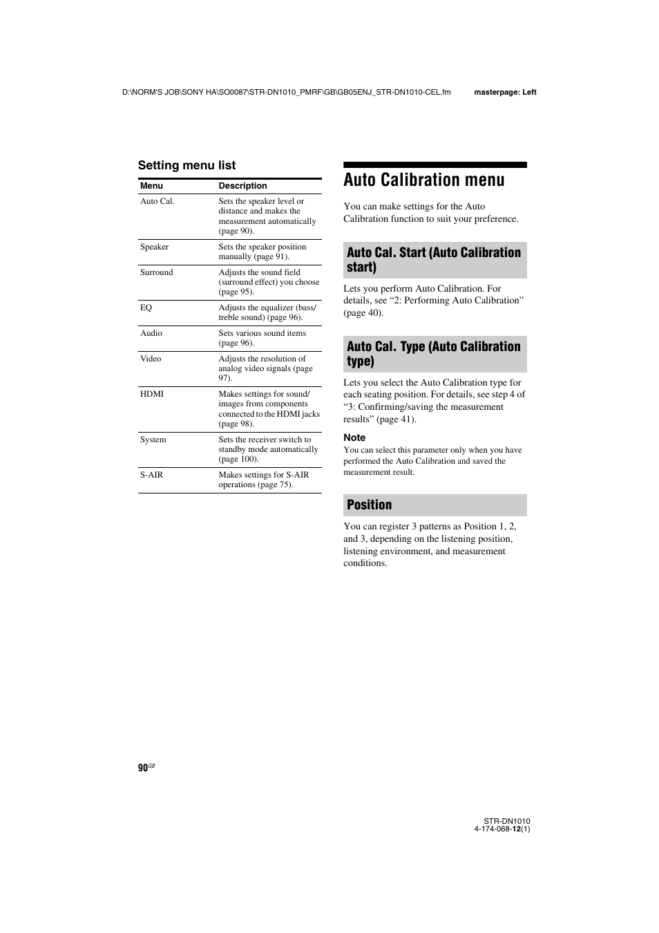 Auto calibration menu, Setting menu list | Sony STR-DN1010 User Manual | Page 90 / 136