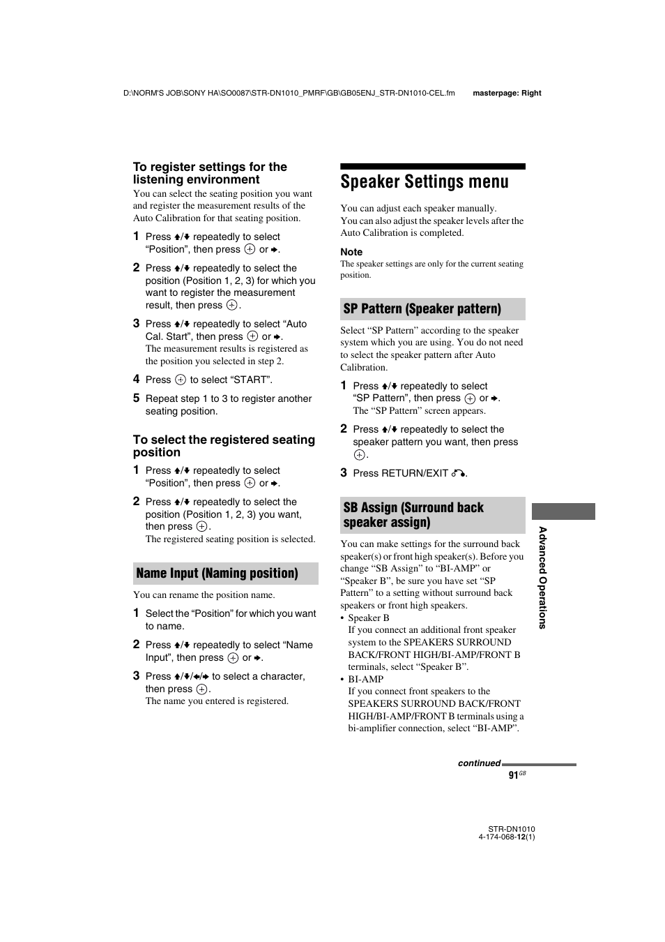 Speaker settings menu | Sony STR-DN1010 User Manual | Page 91 / 136