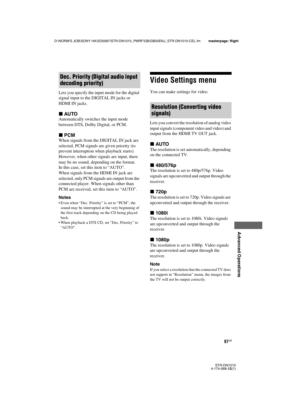 Video settings menu | Sony STR-DN1010 User Manual | Page 97 / 136