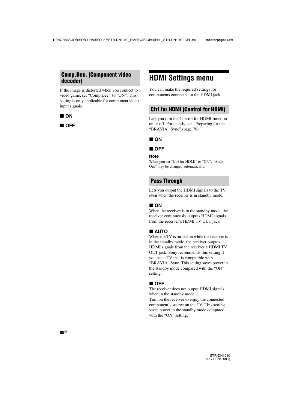 Hdmi settings menu | Sony STR-DN1010 User Manual | Page 98 / 136