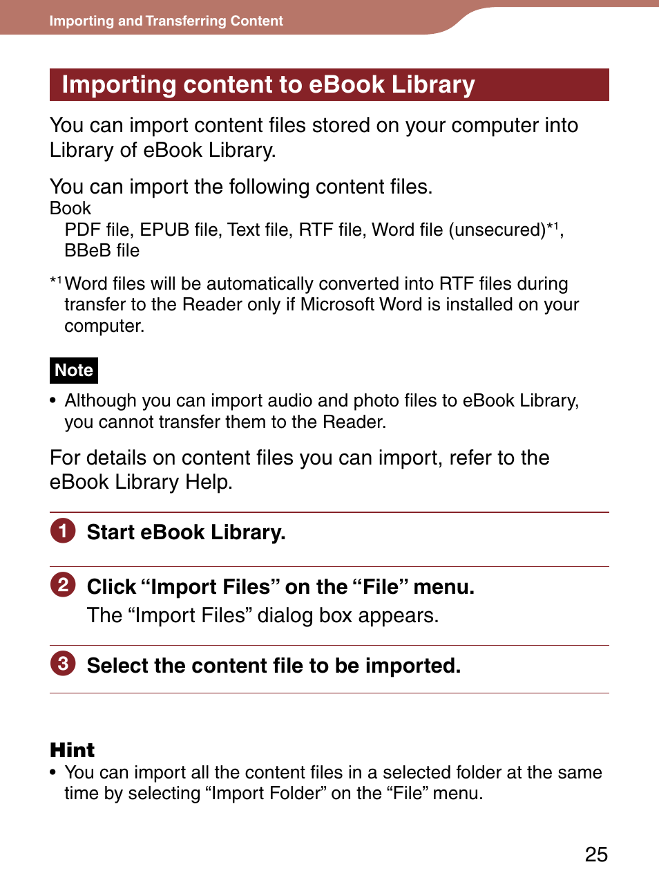 Importing content to ebook library | Sony PRS-300 User Manual | Page 25 / 92