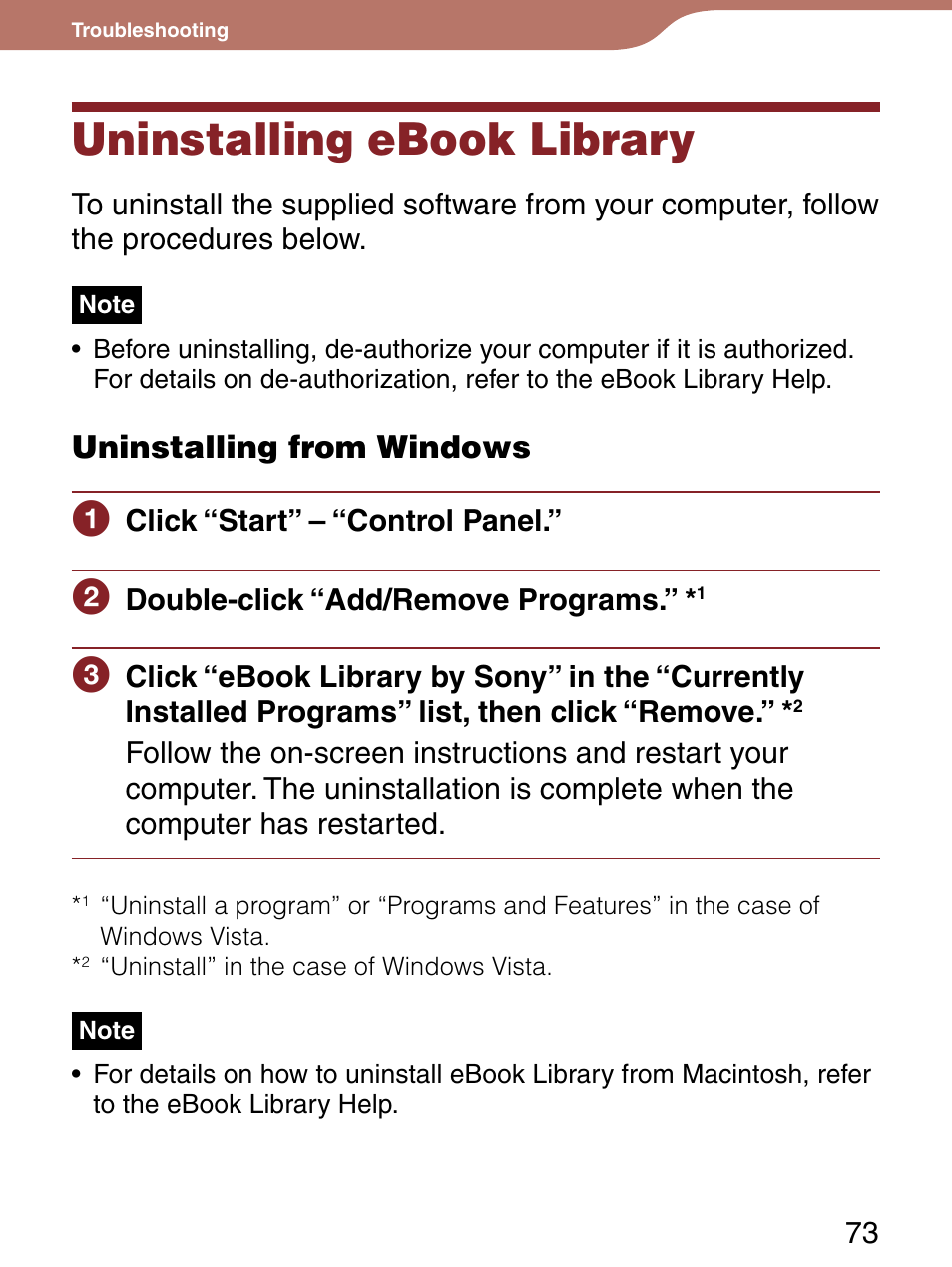 Uninstalling ebook library, Uninstalling from windows | Sony PRS-300 User Manual | Page 73 / 92