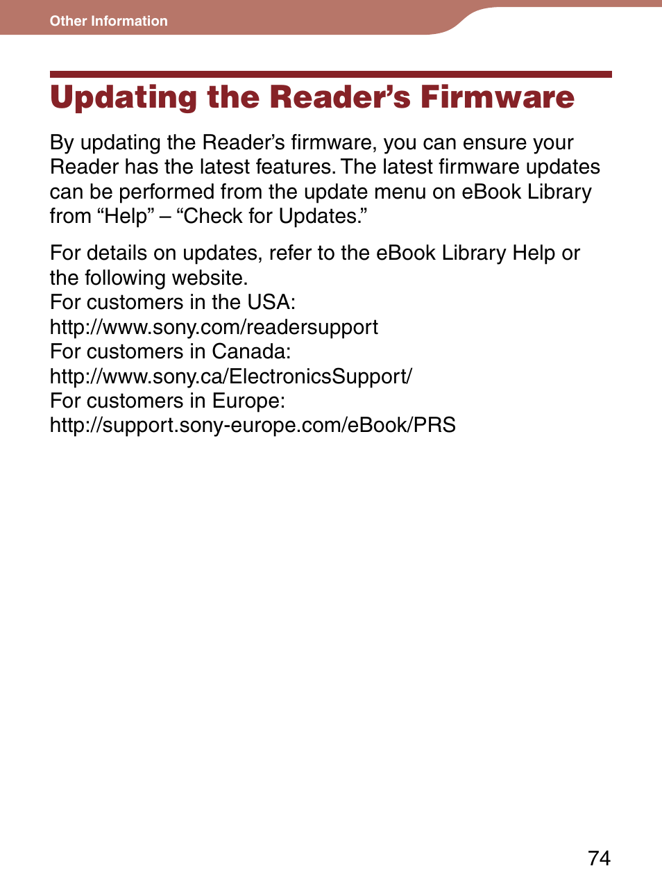 Other information, Updating the reader’s firmware | Sony PRS-300 User Manual | Page 74 / 92