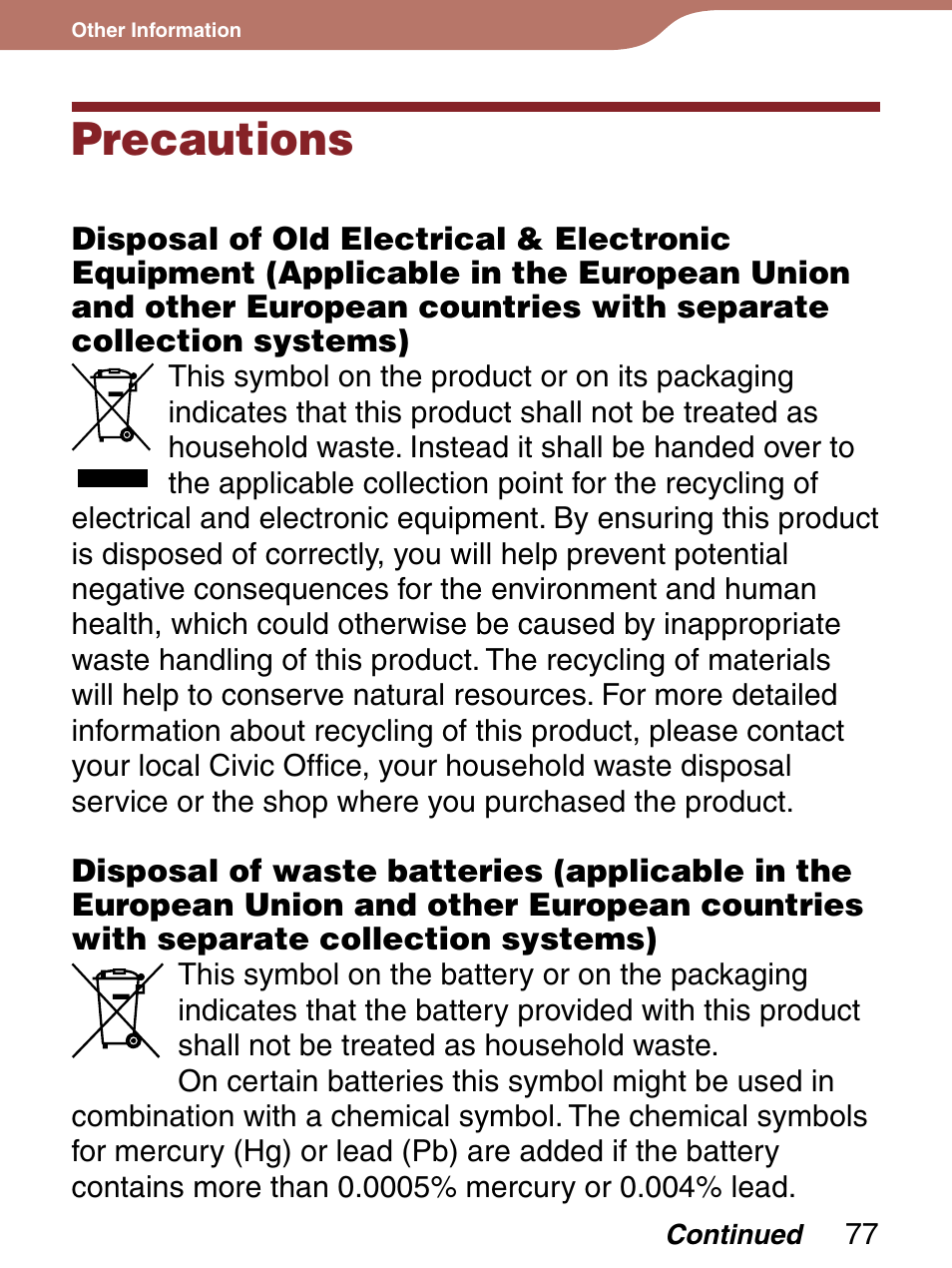 Precautions | Sony PRS-300 User Manual | Page 77 / 92