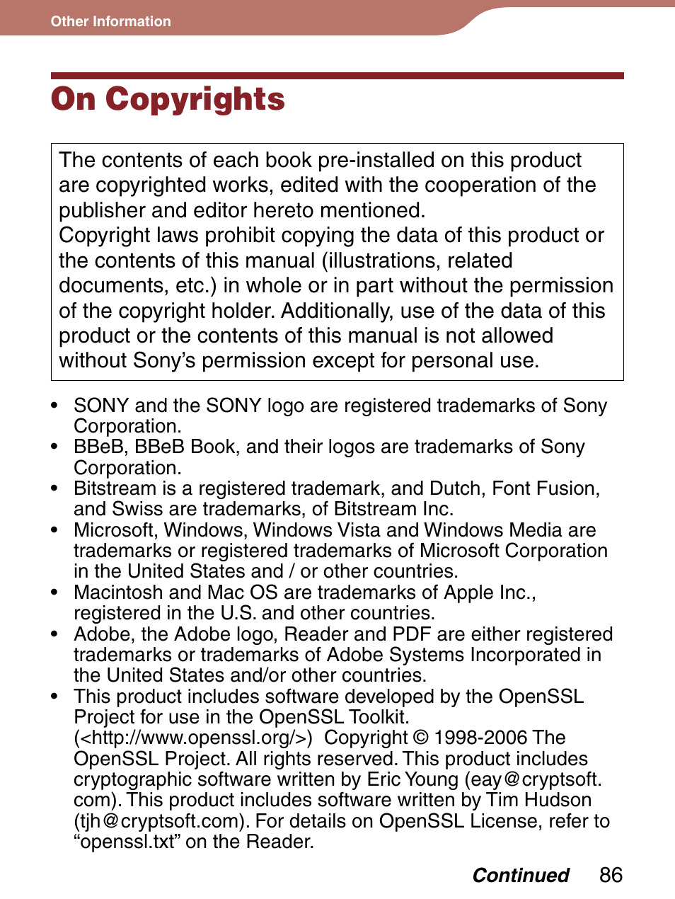 On copyrights | Sony PRS-300 User Manual | Page 86 / 92