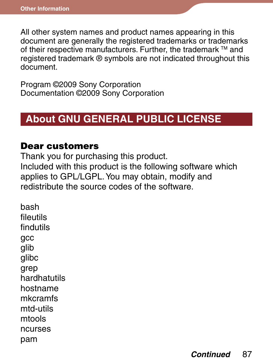 About gnu general public license, Dear customers | Sony PRS-300 User Manual | Page 87 / 92