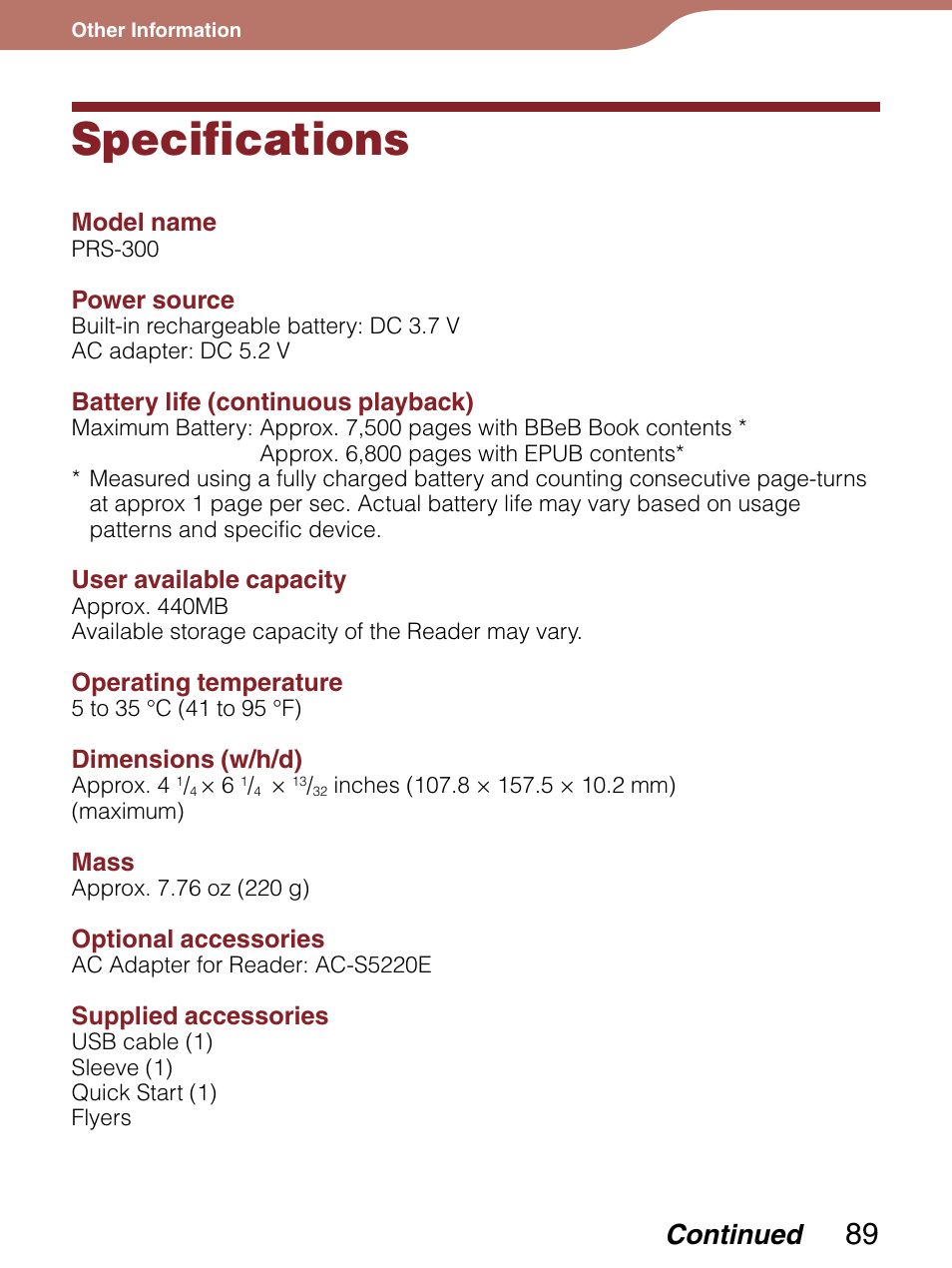 Specifications, Continued | Sony PRS-300 User Manual | Page 89 / 92