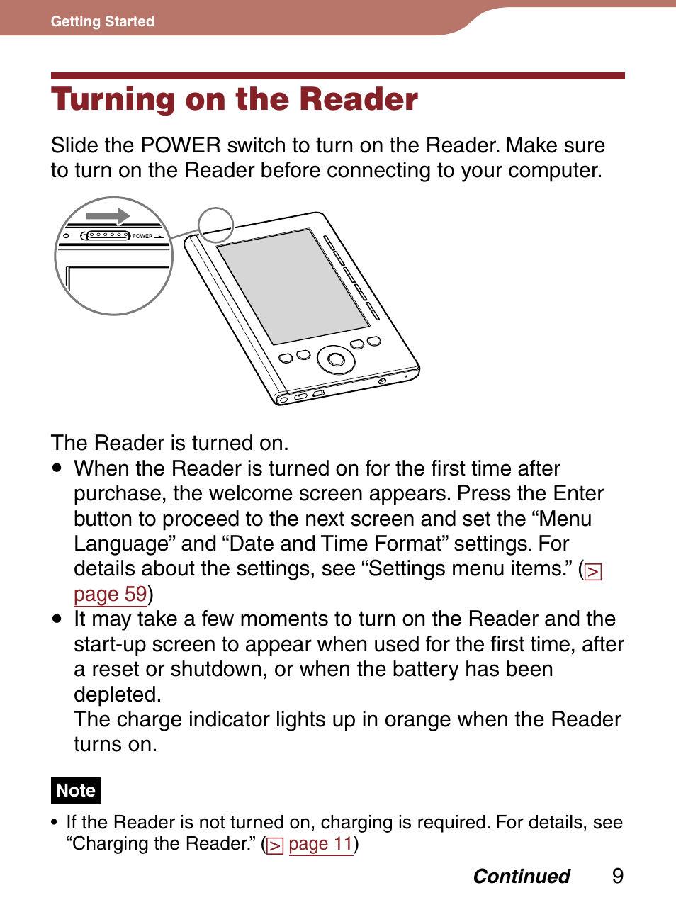 Turning on the reader | Sony PRS-300 User Manual | Page 9 / 92