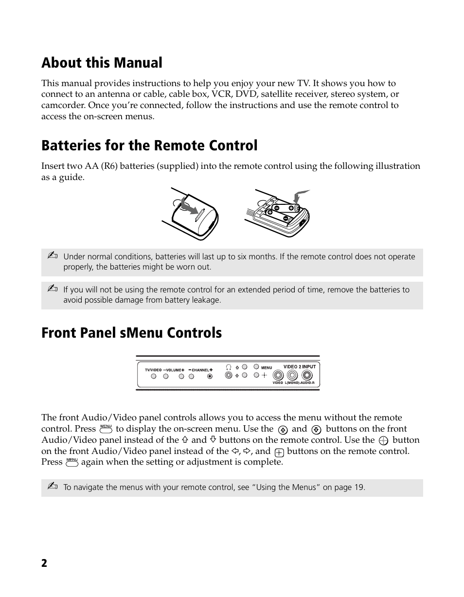 About this manual, Batteries for the remote control, Front panel smenu controls | Sony WEGA KV-20FS120 User Manual | Page 10 / 48