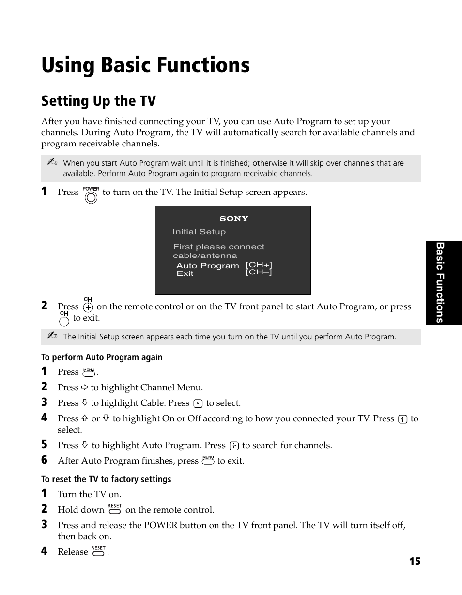 Using basic functions, Setting up the tv | Sony WEGA KV-20FS120 User Manual | Page 23 / 48