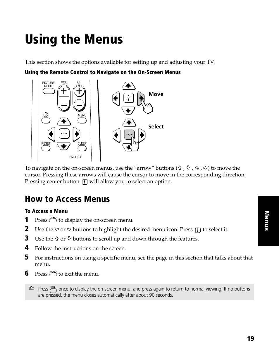 Using the menus, How to access menus | Sony WEGA KV-20FS120 User Manual | Page 27 / 48