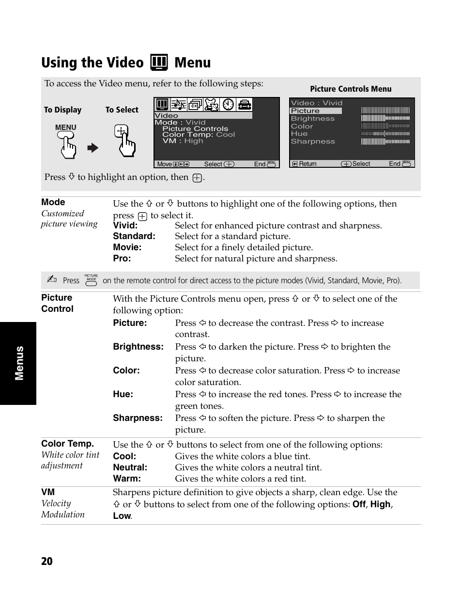 Using the video menu, 20 me n u s | Sony WEGA KV-20FS120 User Manual | Page 28 / 48