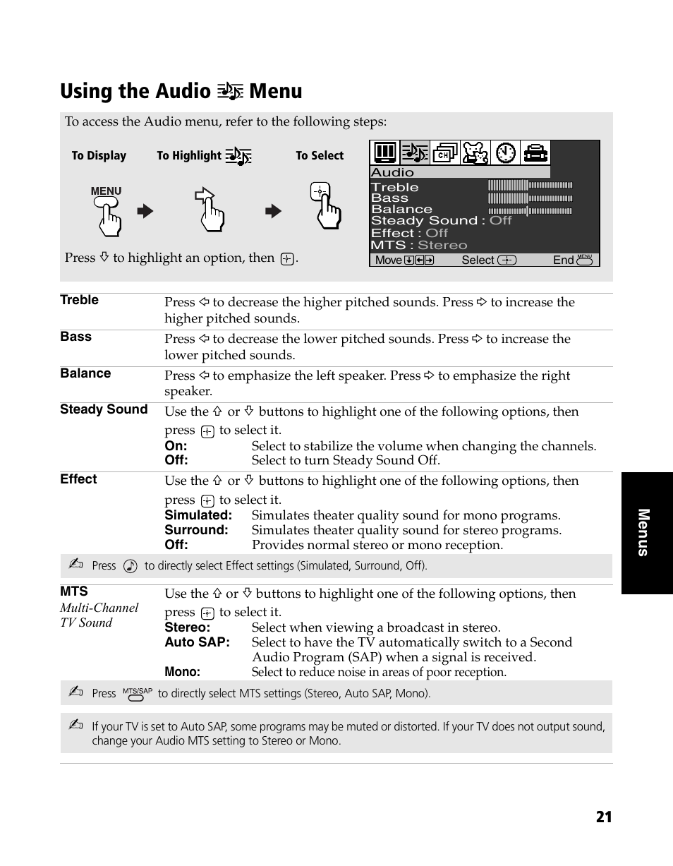 Using the audio menu | Sony WEGA KV-20FS120 User Manual | Page 29 / 48