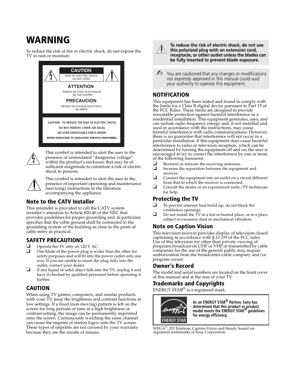 Warning, Connecting additional equipment, Safety precautions | Caution, Notification, Protecting the tv, Owner’s record, Trademarks and copyrights | Sony WEGA KV-20FS120 User Manual | Page 3 / 48