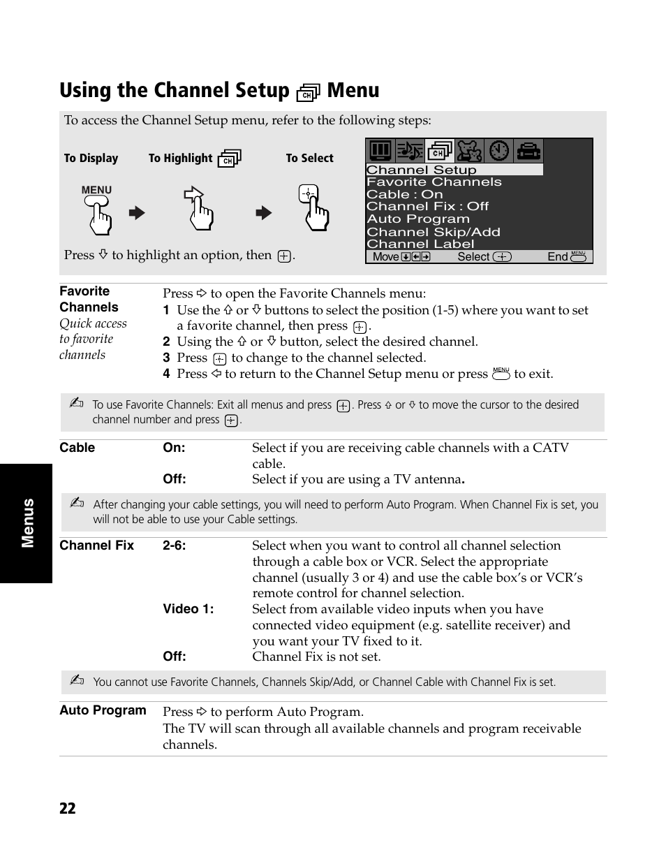 Using the channel setup menu | Sony WEGA KV-20FS120 User Manual | Page 30 / 48