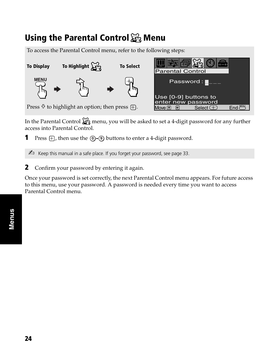 Using the parental control, Menu | Sony WEGA KV-20FS120 User Manual | Page 32 / 48
