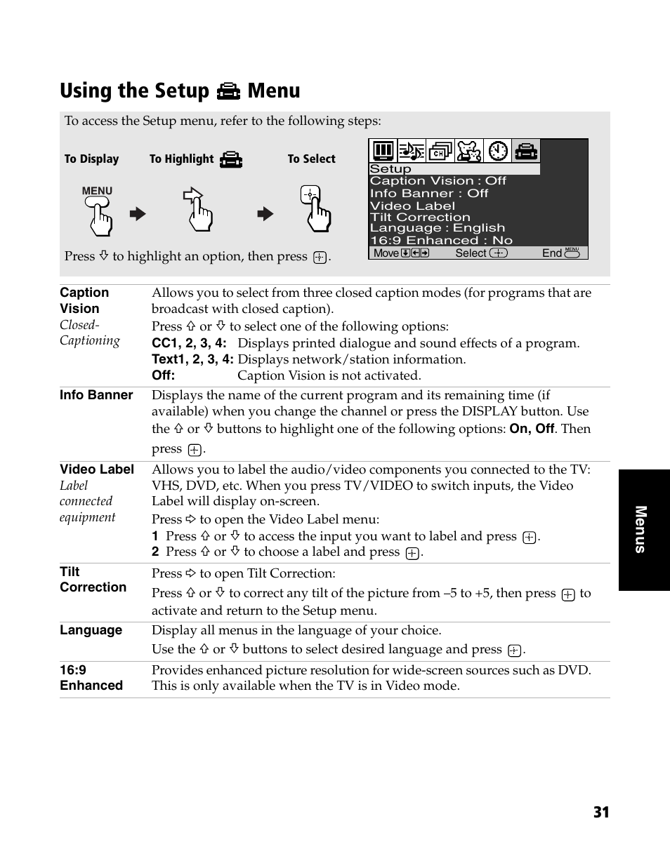 Using the setup menu | Sony WEGA KV-20FS120 User Manual | Page 39 / 48