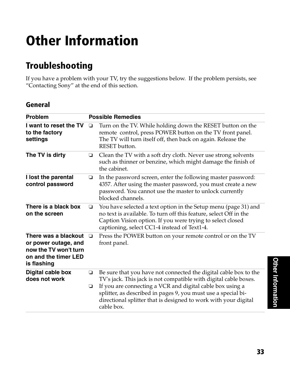 Other information, Troubleshooting | Sony WEGA KV-20FS120 User Manual | Page 41 / 48