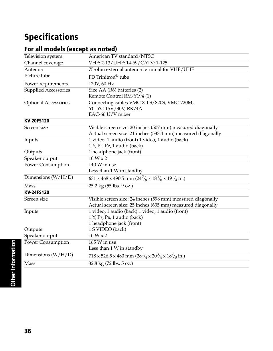 Specifications, Other inf o rm atio n | Sony WEGA KV-20FS120 User Manual | Page 44 / 48