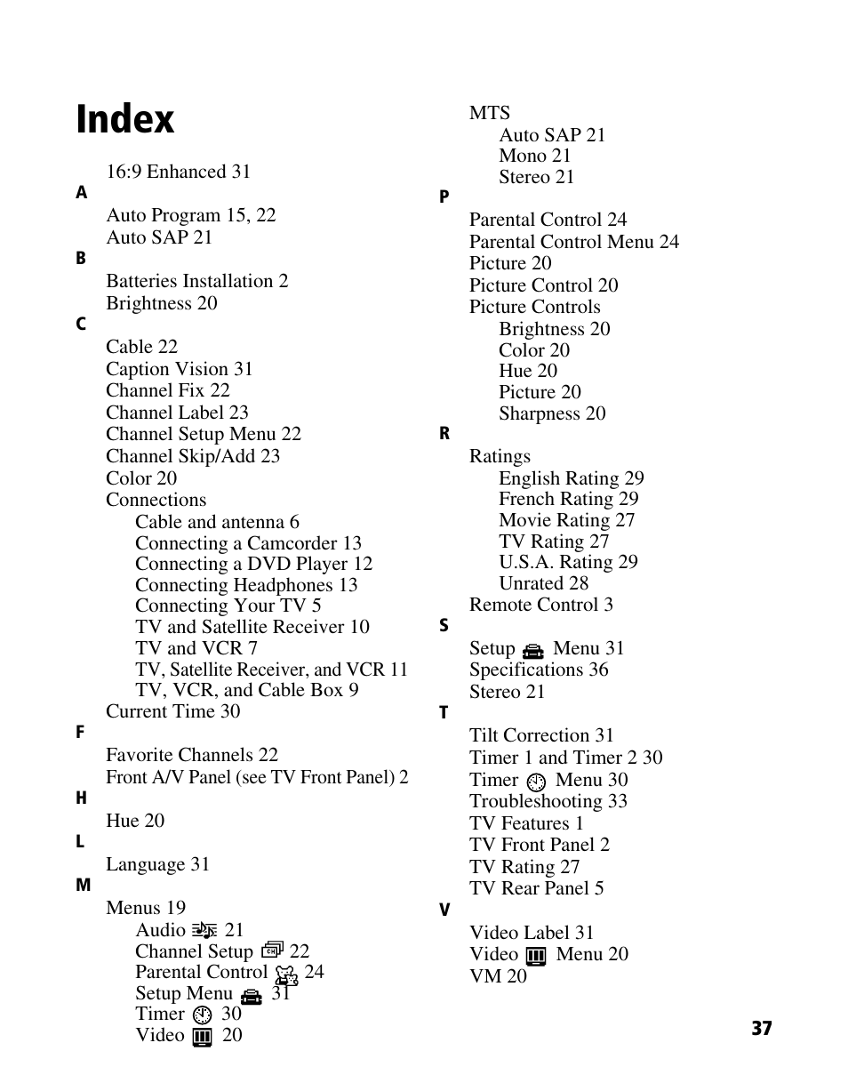 Index | Sony WEGA KV-20FS120 User Manual | Page 45 / 48