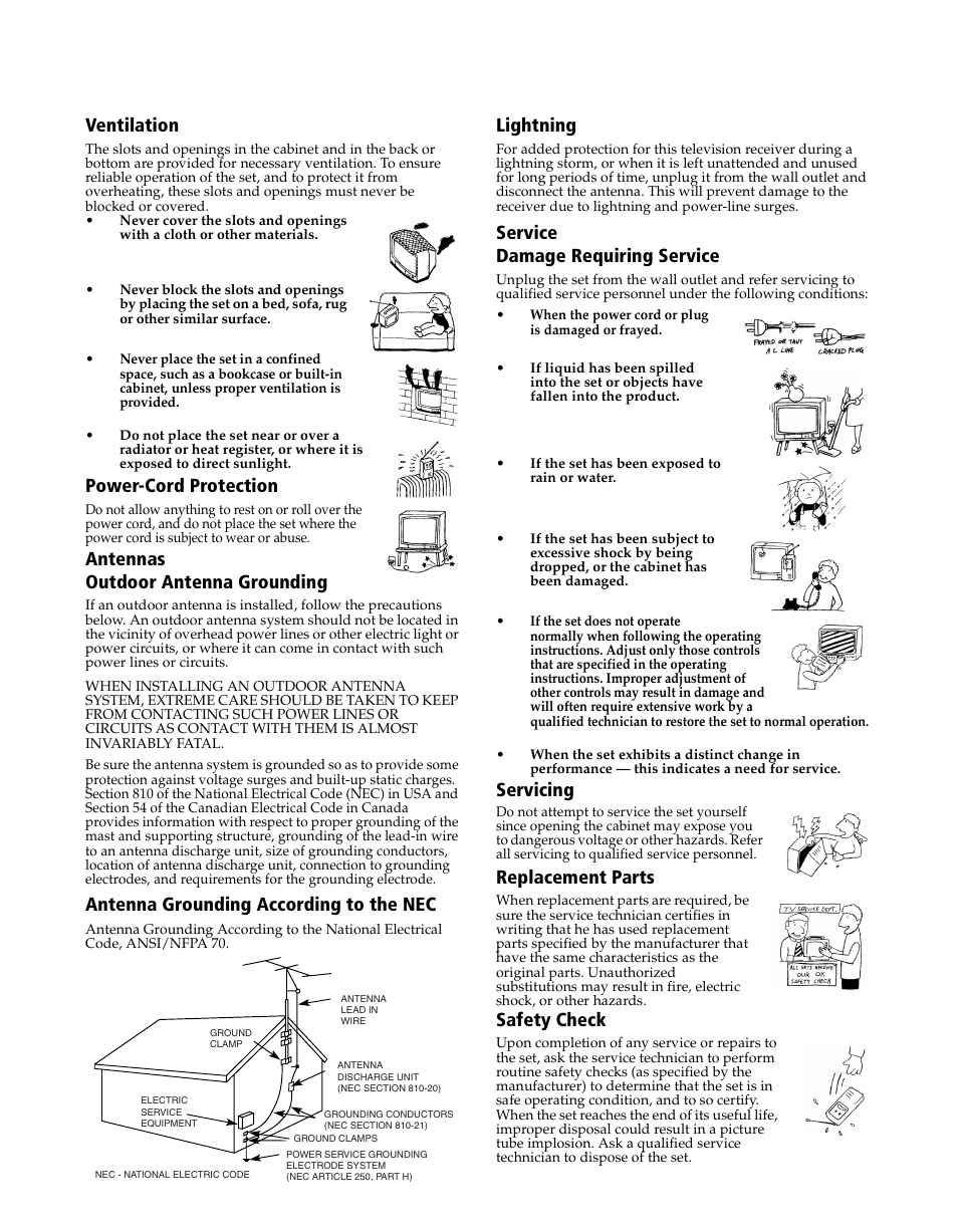 Connecting additional equipment ventilation, Power-cord protection, Antennas outdoor antenna grounding | Antenna grounding according to the nec, Lightning, Service damage requiring service, Servicing, Replacement parts, Safety check | Sony WEGA KV-20FS120 User Manual | Page 5 / 48