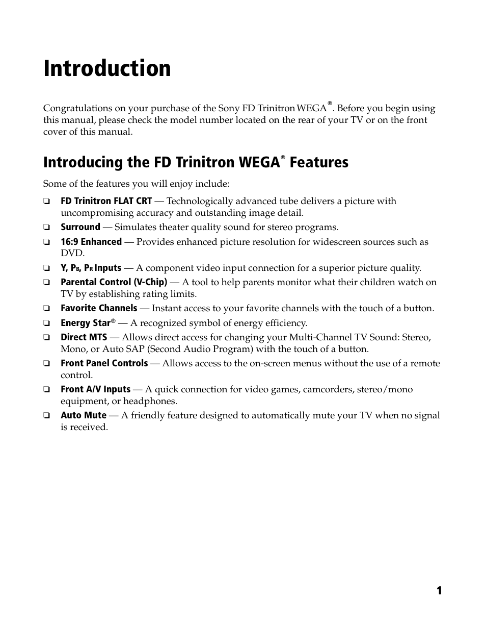 Introduction, Introducing the fd trinitron wega features | Sony WEGA KV-20FS120 User Manual | Page 9 / 48
