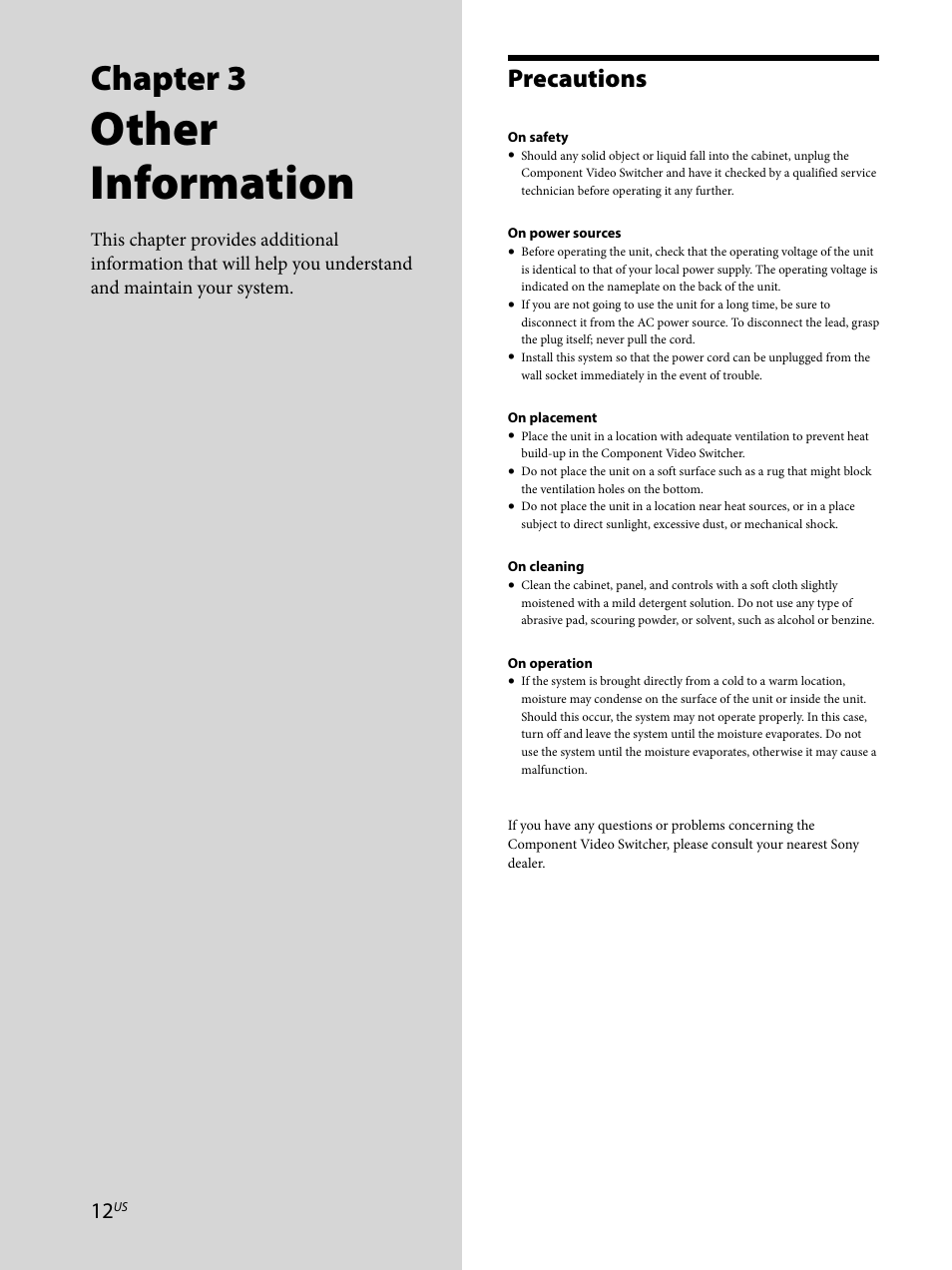Chapter 3 other information, Precautions 12, Other information | Chapter 3, Precautions | Sony CAV-CVS12ES User Manual | Page 12 / 16