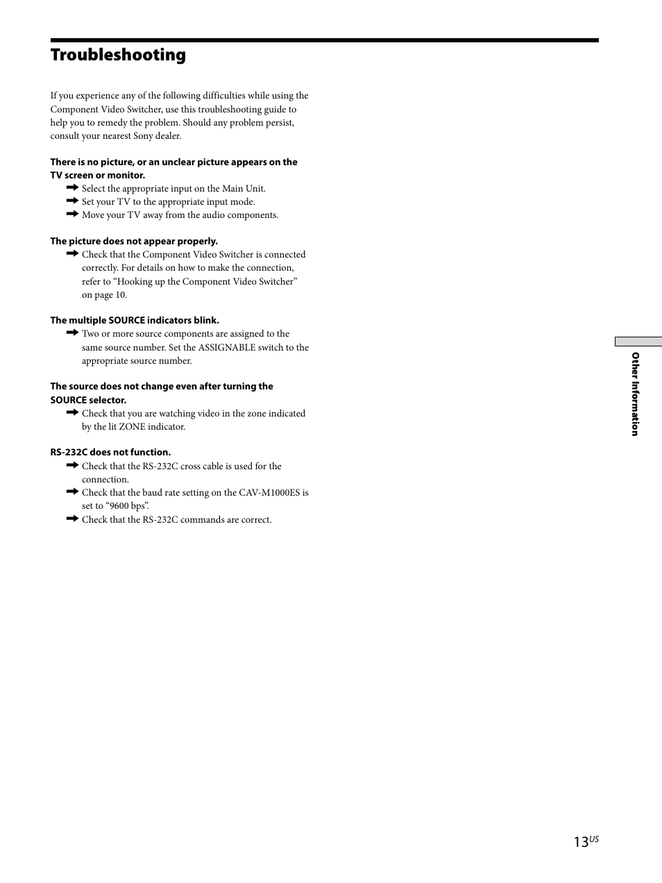 Troubleshooting 13, Troubleshooting | Sony CAV-CVS12ES User Manual | Page 13 / 16