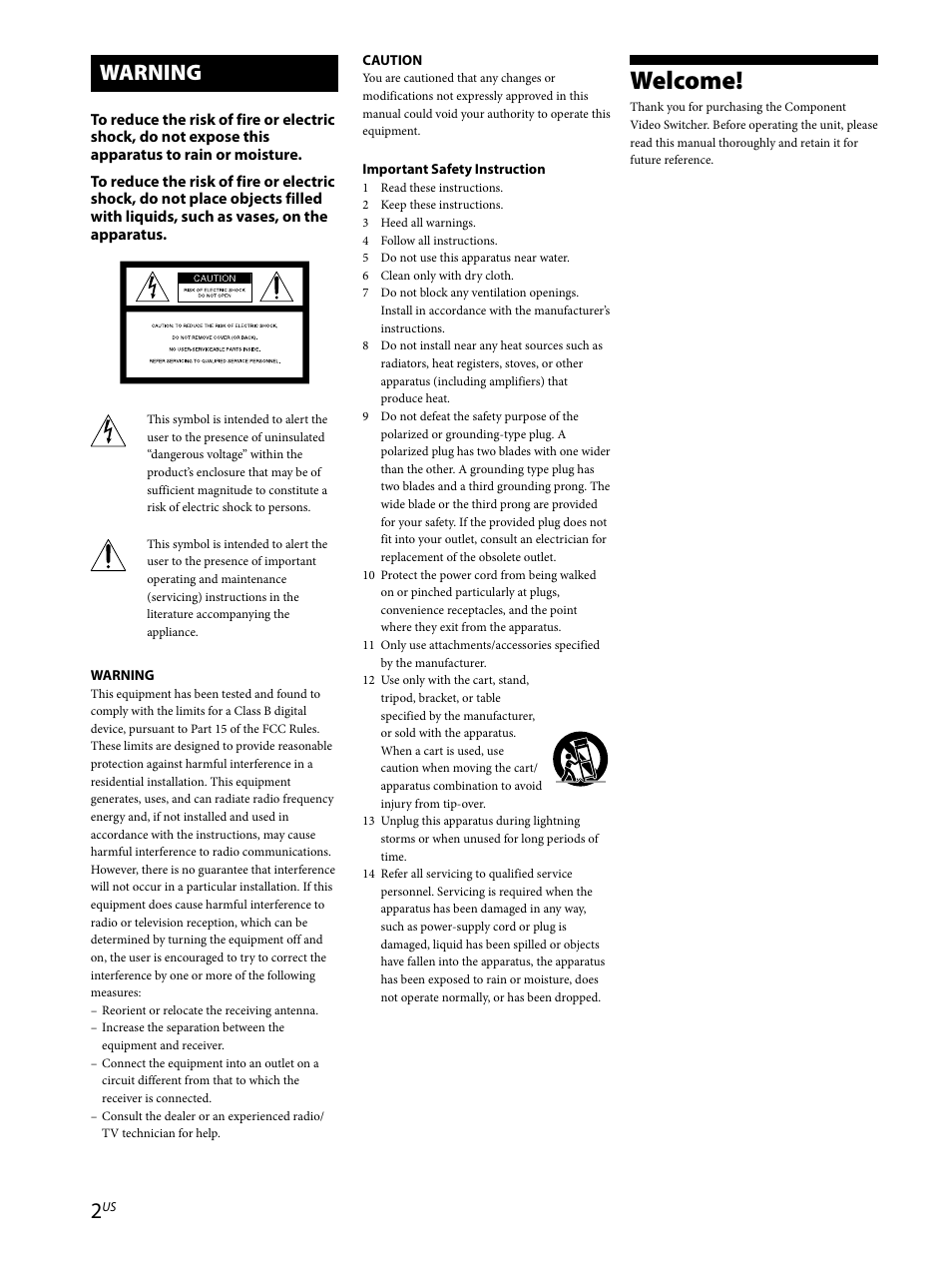 Welcome, Warning | Sony CAV-CVS12ES User Manual | Page 2 / 16