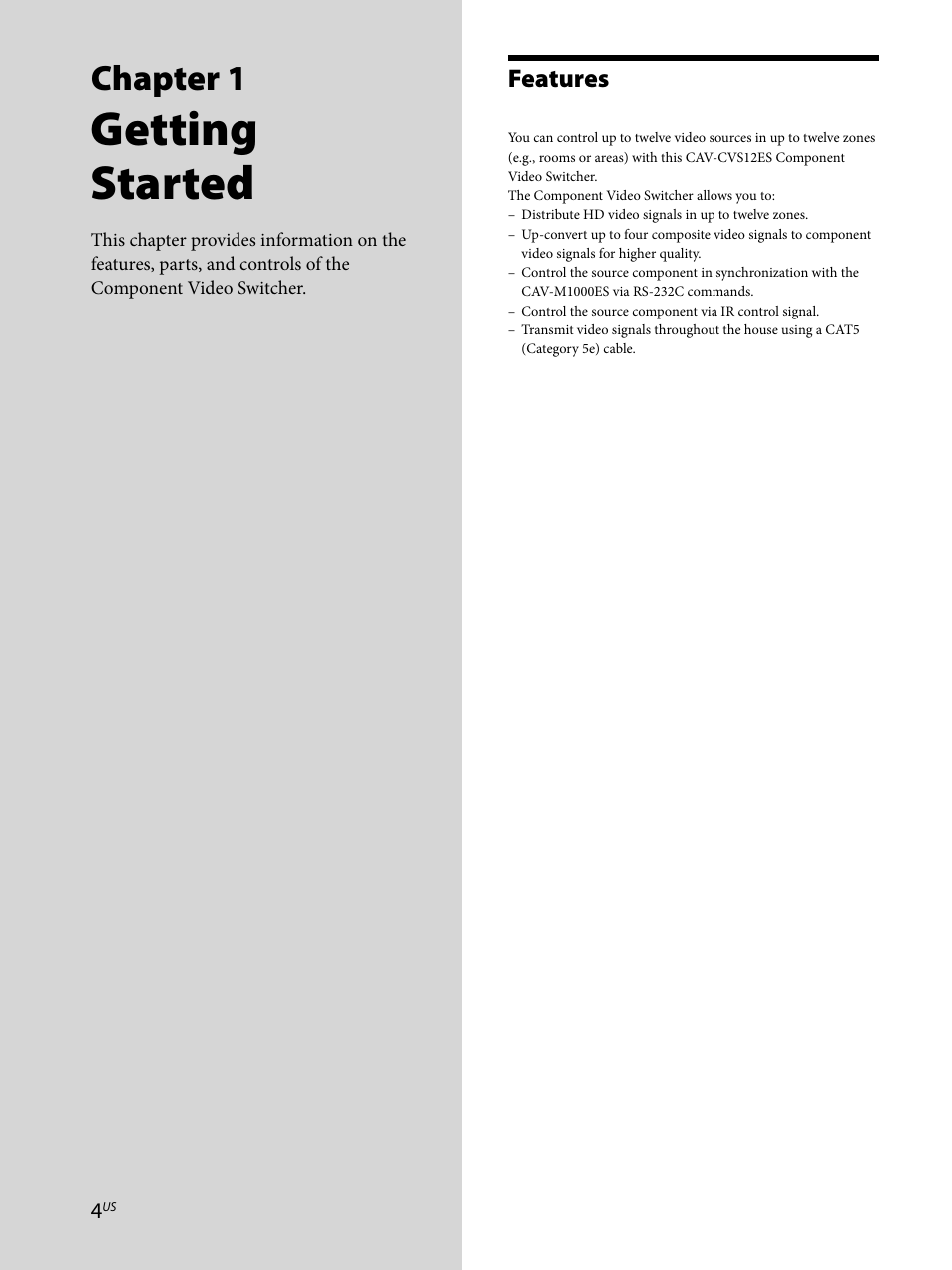 Chapter 1 getting started, Features 4, Getting started | Chapter 1, Features | Sony CAV-CVS12ES User Manual | Page 4 / 16