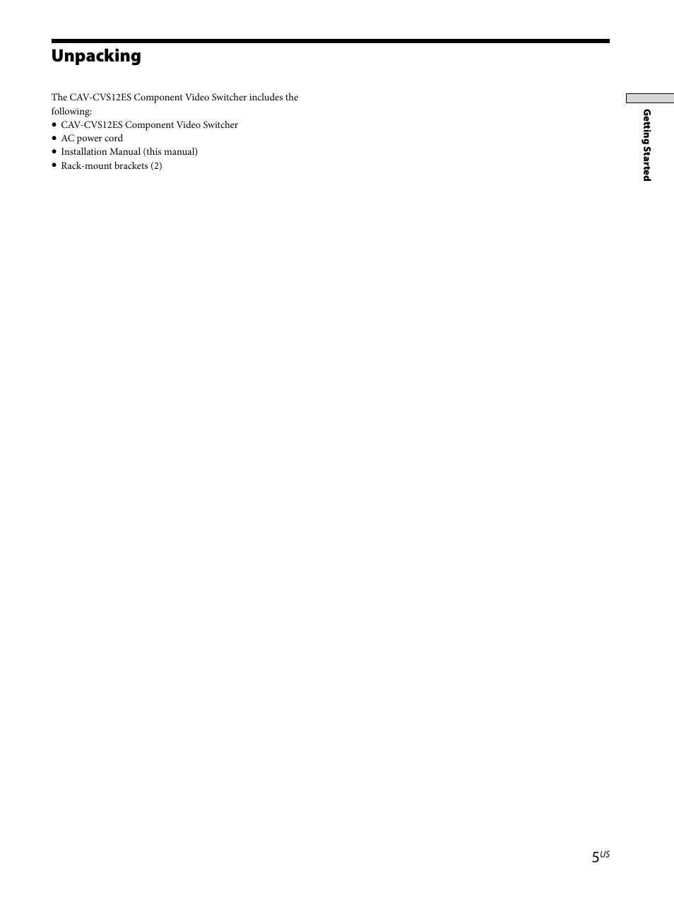 Unpacking 5, Unpacking | Sony CAV-CVS12ES User Manual | Page 5 / 16