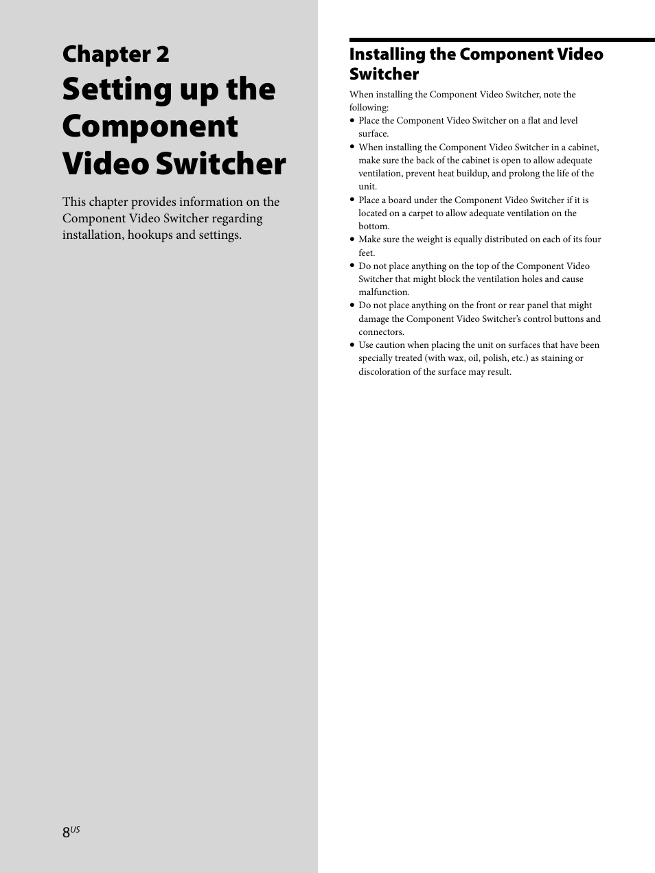 Chapter 2 setting up the component video switcher, Installing the component video switcher 8, Setting up the component video switcher | Chapter 2, Installing the component video switcher | Sony CAV-CVS12ES User Manual | Page 8 / 16
