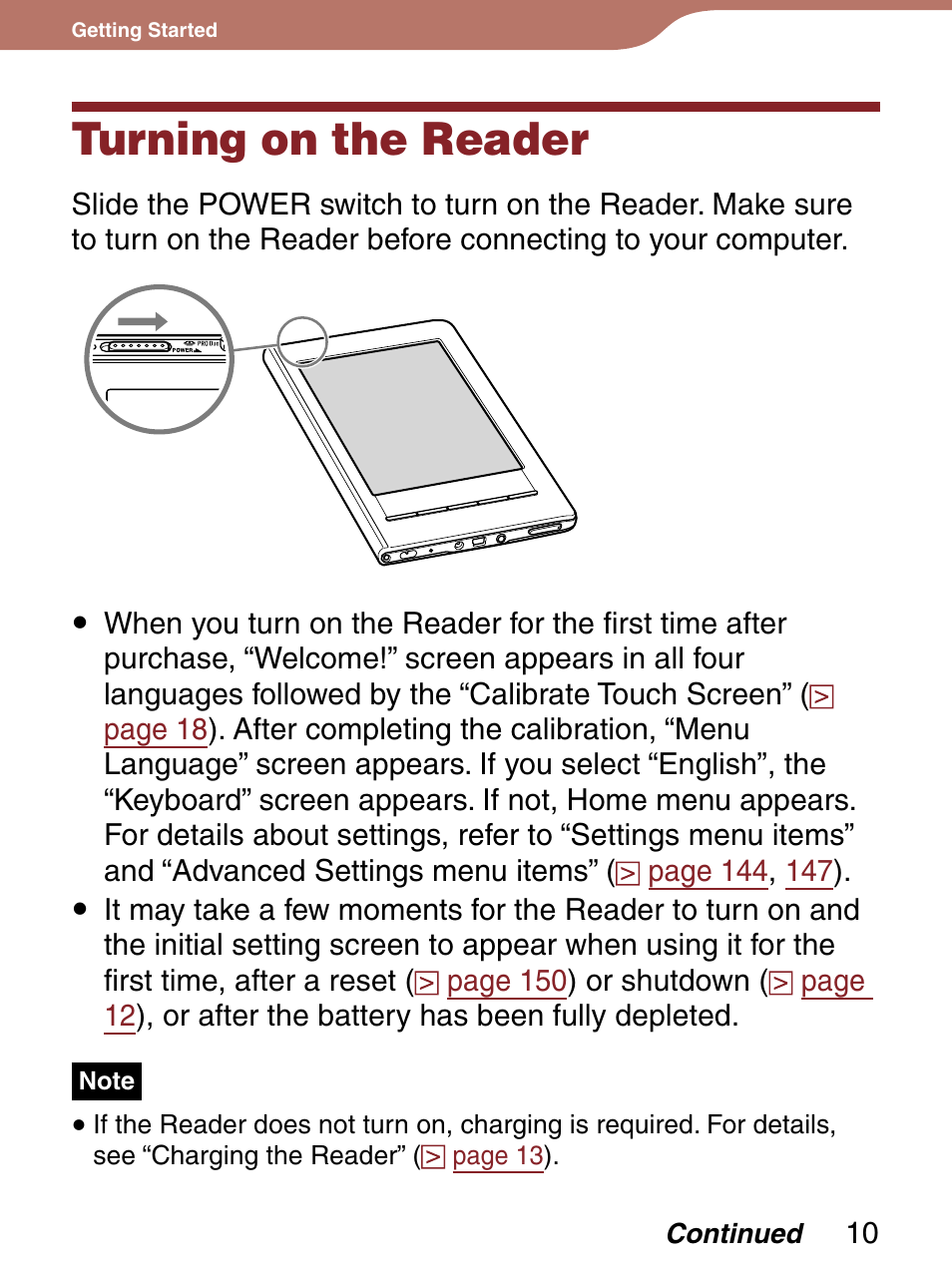 Turning on the reader, Switches the reader on/off | Sony 4-153-621-13(1) User Manual | Page 10 / 190