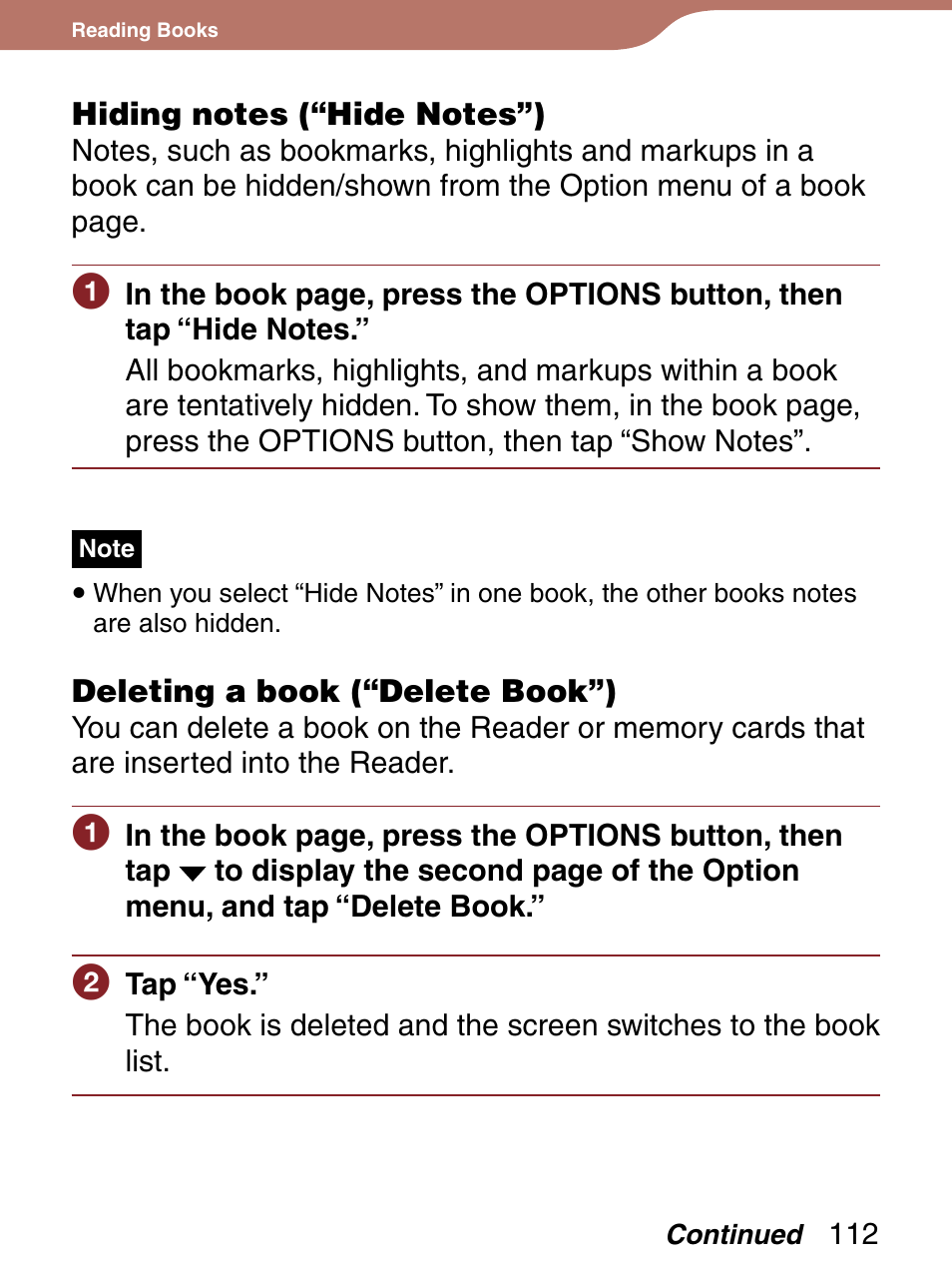 Hiding notes (“hide notes”), Deleting a book (“delete book”), Y books on the reader | Deletes a book | Sony 4-153-621-13(1) User Manual | Page 112 / 190