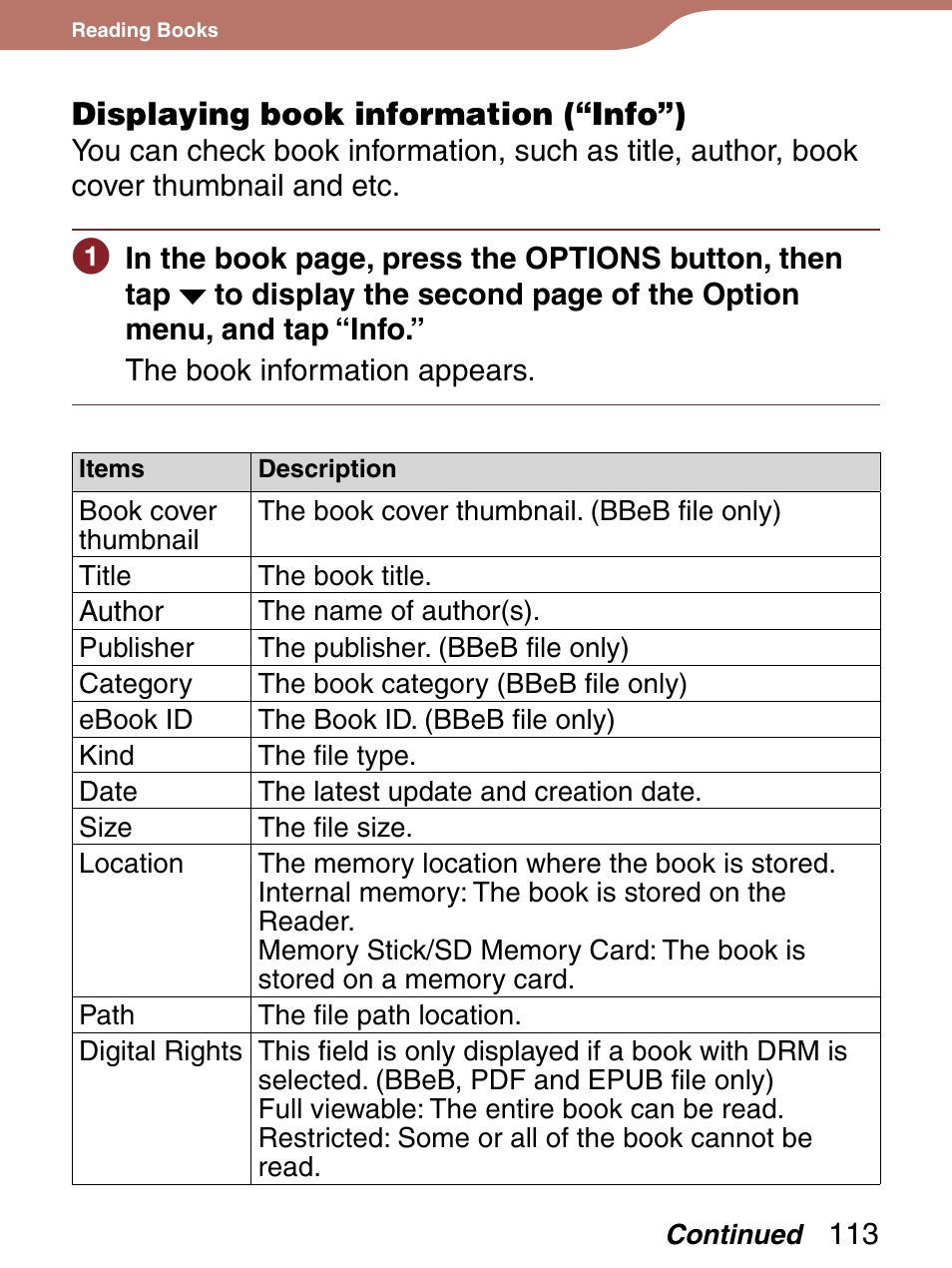 Displaying book information (“info”), Mation | Sony 4-153-621-13(1) User Manual | Page 113 / 190