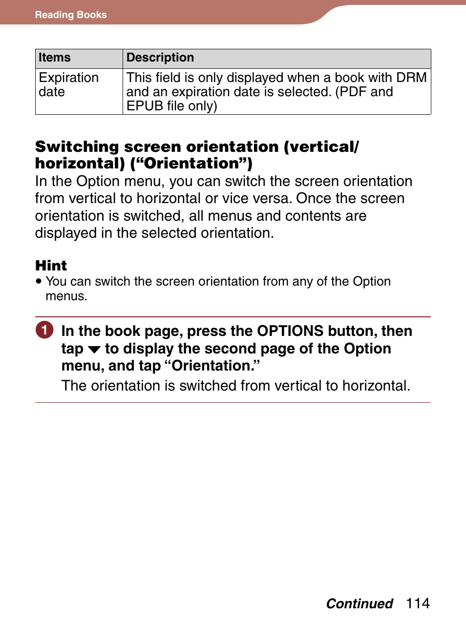 Switching screen orientation (vertical/horizontal), Orientation”), Ientation | Ontal) | Sony 4-153-621-13(1) User Manual | Page 114 / 190