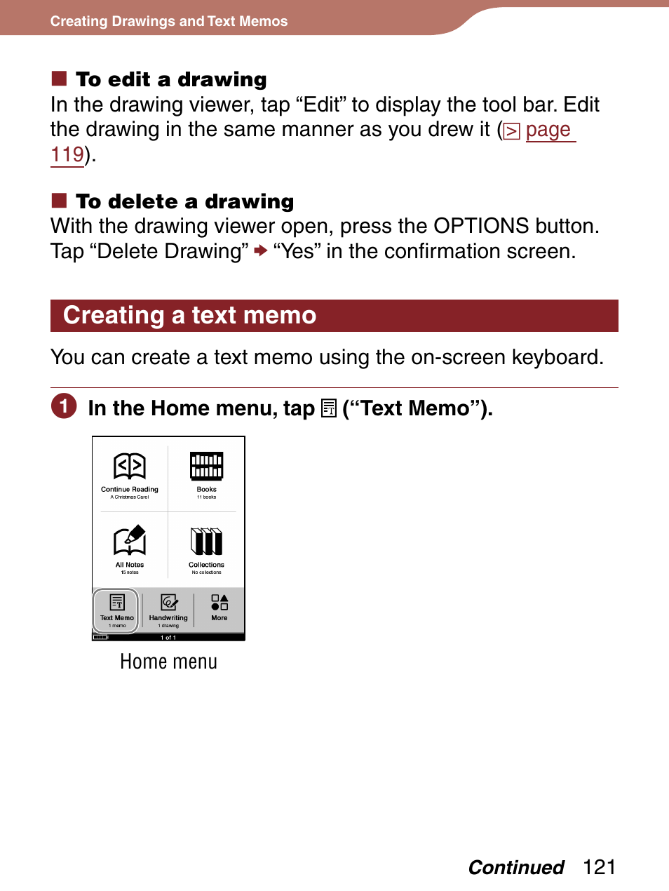 Creating a text memo | Sony 4-153-621-13(1) User Manual | Page 121 / 190