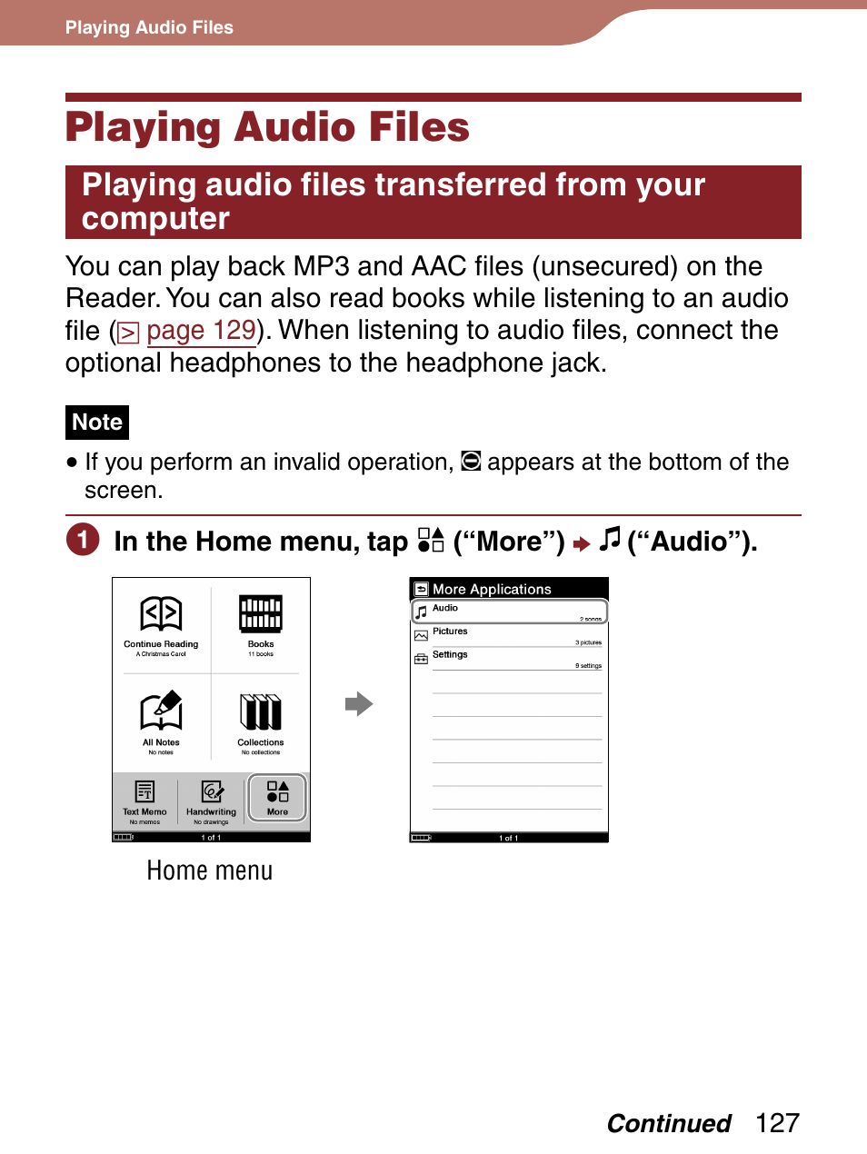 Playing audio files, Playing audio files transferred from your computer, Used to connect headphones (optional) | List | Sony 4-153-621-13(1) User Manual | Page 127 / 190